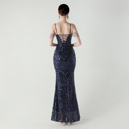 Graceful Sequin Embellished Mesh Mermaid Maxi Dress